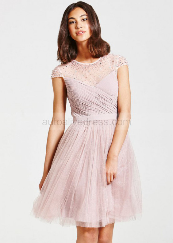 Blush Pink Chiffon Tulle Cap Sleeves Short Prom Dress